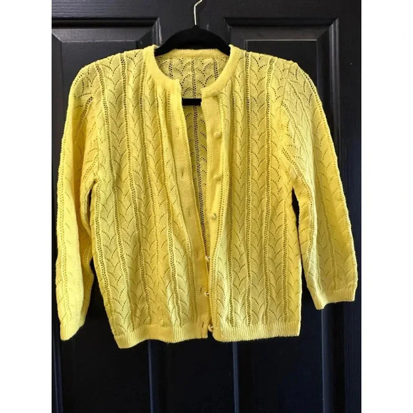 Vintage 80's Yellow Hand Framed Cable Knit Cardigan Sweater - Picture 1 of 7